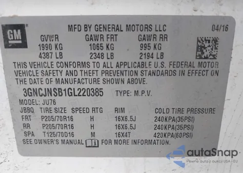 2016 Chevrolet Trax 1Ls from USA, damaged, VIN 3GNCJNSB1GL220385